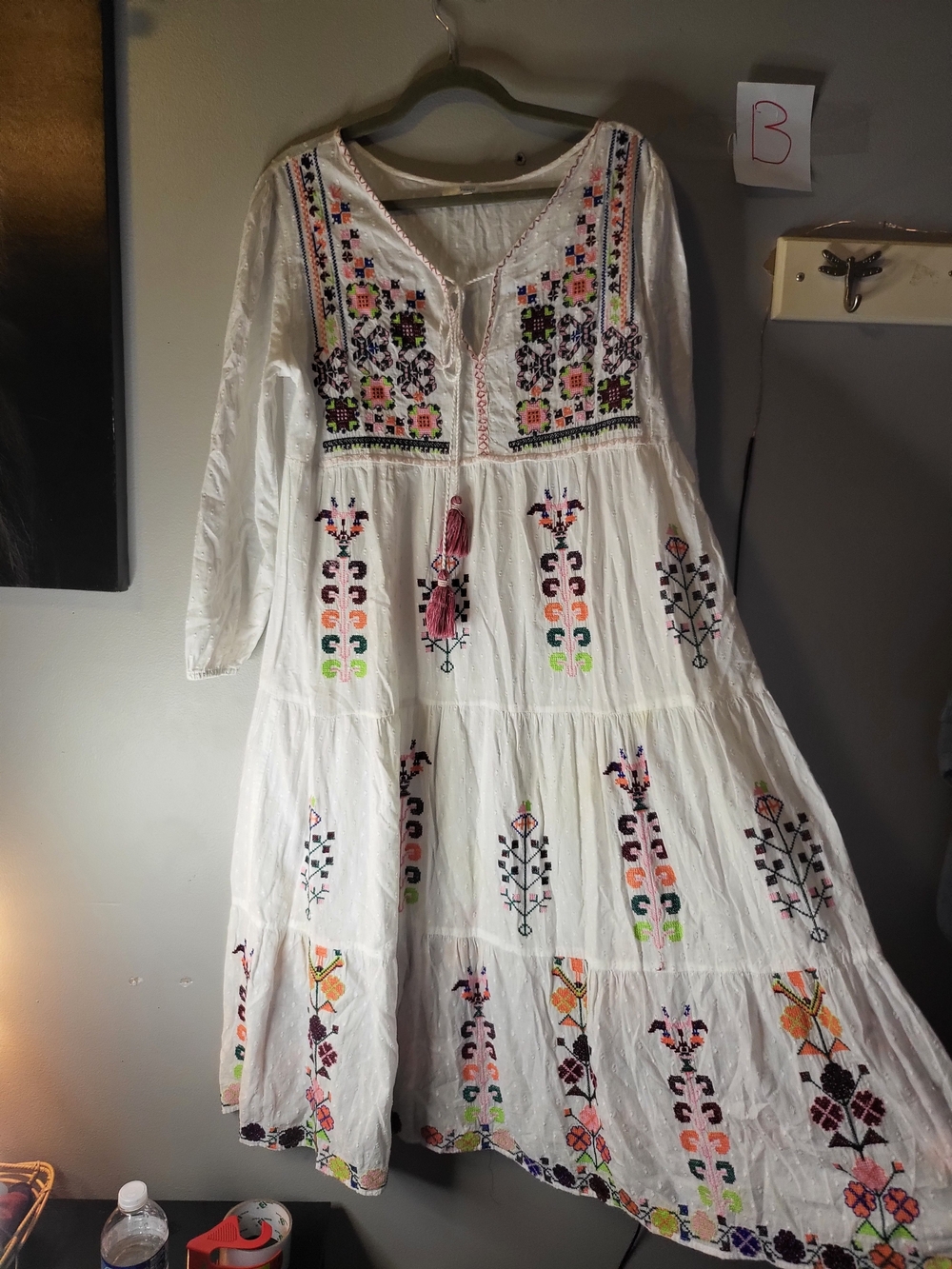 White Embroidered Boho Maxi Dress with Multicolor Floral Detail L